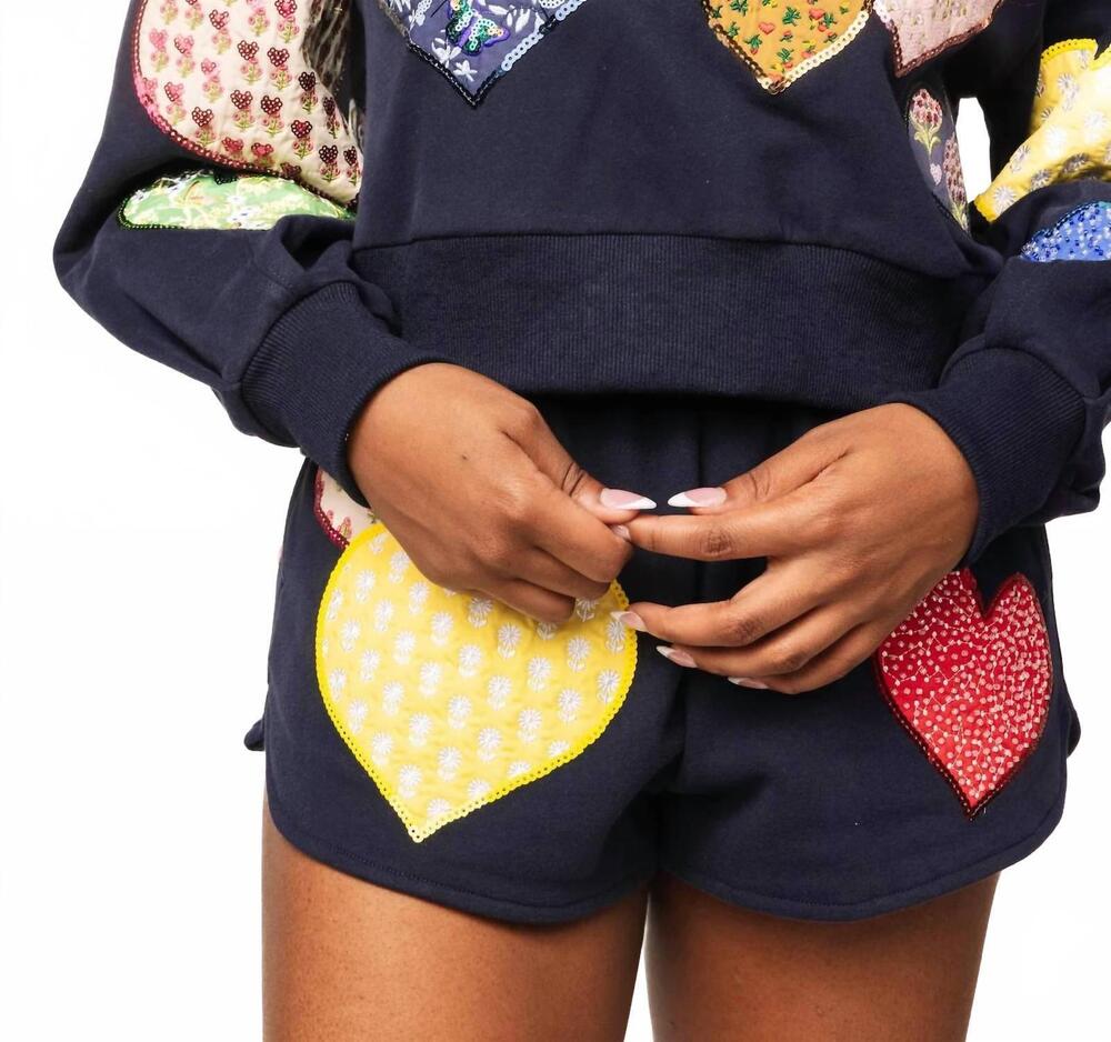 NEW QUEEN OF SPARKLES embroidered hearts sweatshirt in navy multi